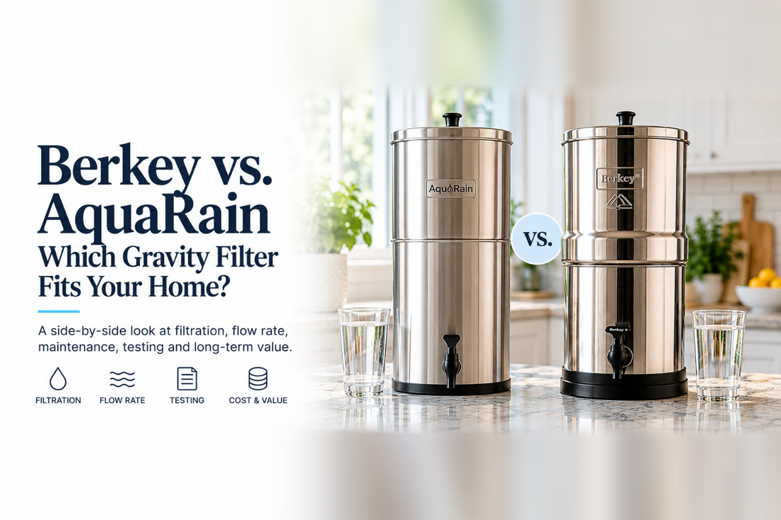 Big Berkey and AquaRain stainless steel gravity filters side by side on a kitchen counter