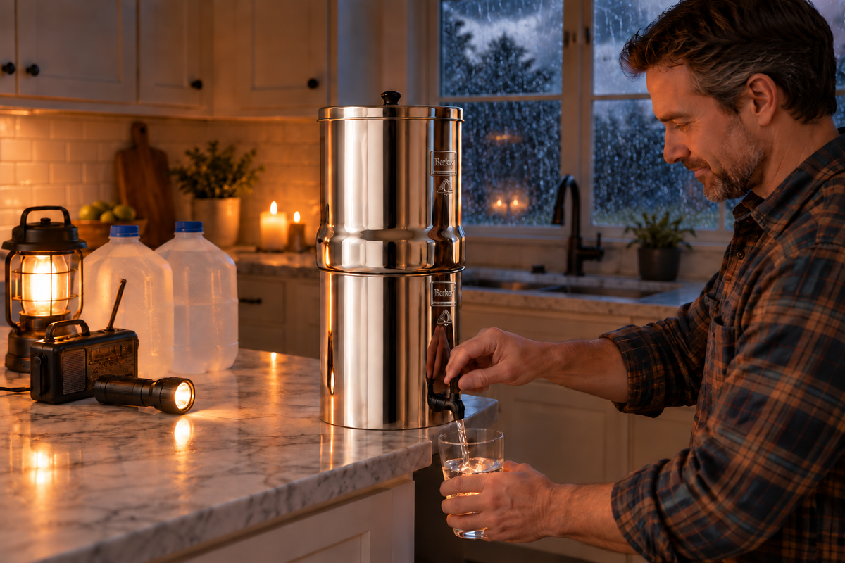 Big Berkey filtering water by lantern light during a power outage