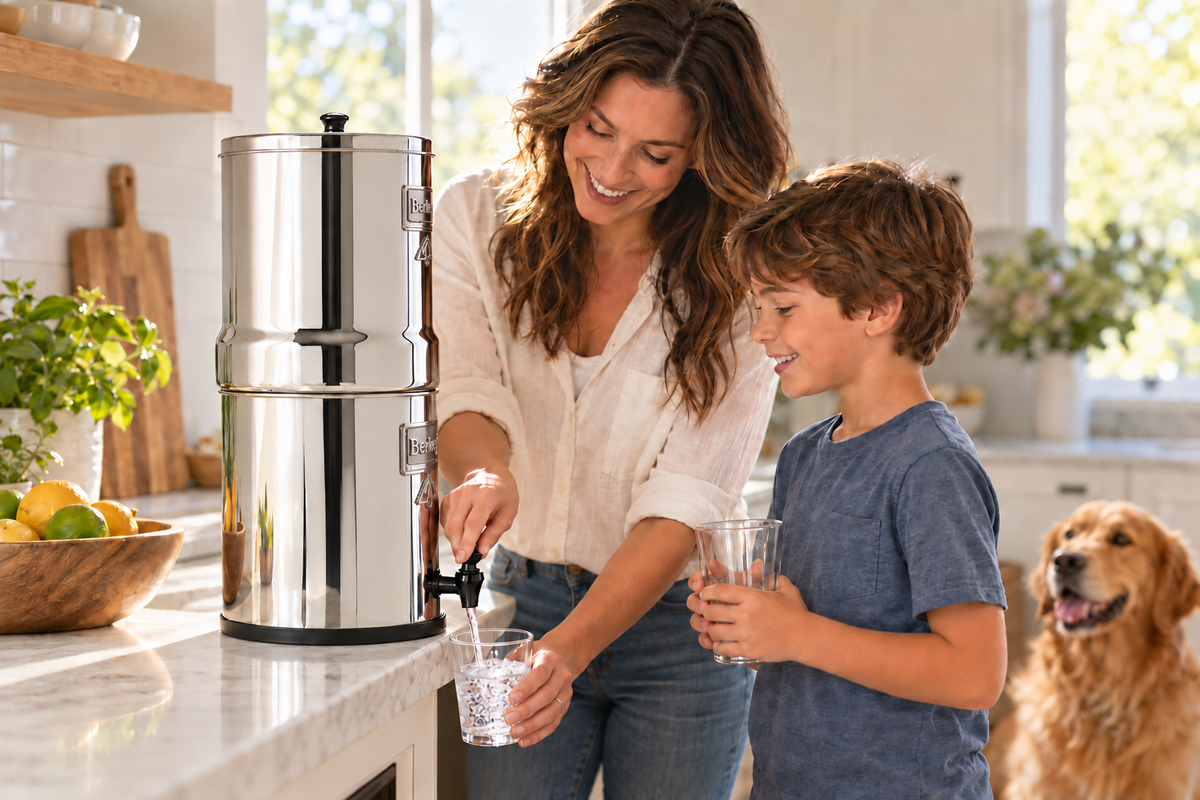 Family filling glasses from a Royal Berkey on their kitchen counter