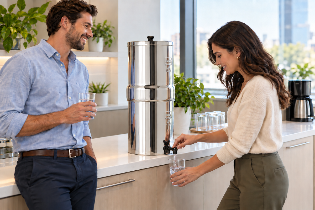 Coworkers filling glasses from a Crown Berkey in an office break room